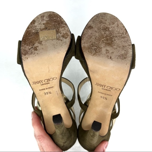 Jimmy Choo Suede Heeled Sandals Strappy Metallic Green Ankle Strap Platform 39.5 - Picture 7 of 9